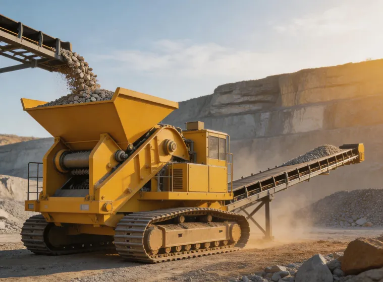 Mobile crusher working near an aggregate stockpile