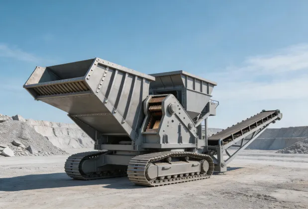Tracked jaw crusher with feeder and discharge conveyor